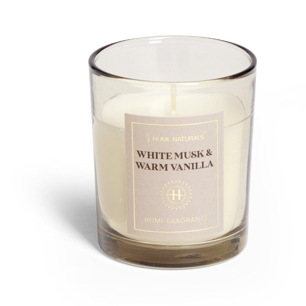 Bougie senteur musc et vanille dans pot en verre Ø6,4xH7,9cm blanc