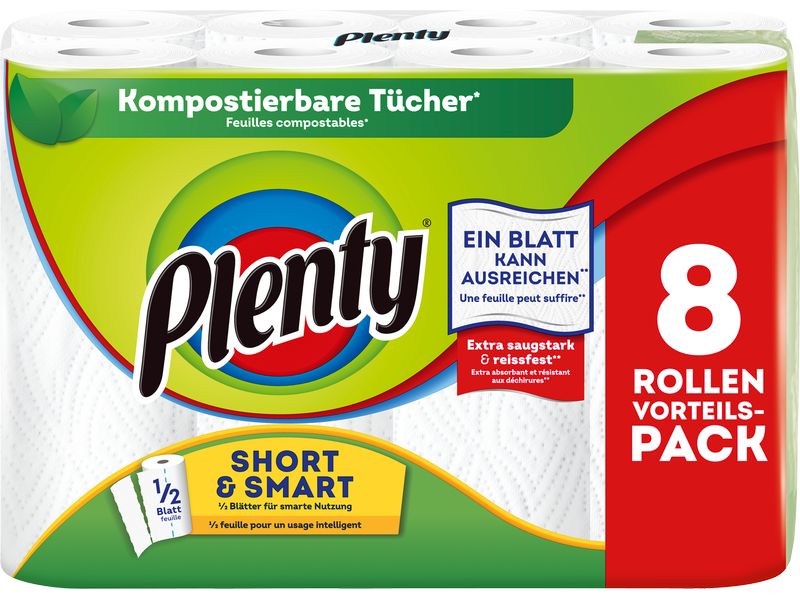 Plenty Haushaltspapier Short & Smart 8 Rollen à 74 Blatt Kompostierbare Tücher für die Hygiene im Haushalt