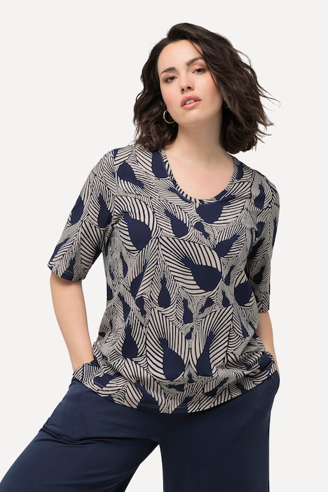 T-Shirt, Blätter, V-Ausschnitt, Halbarm