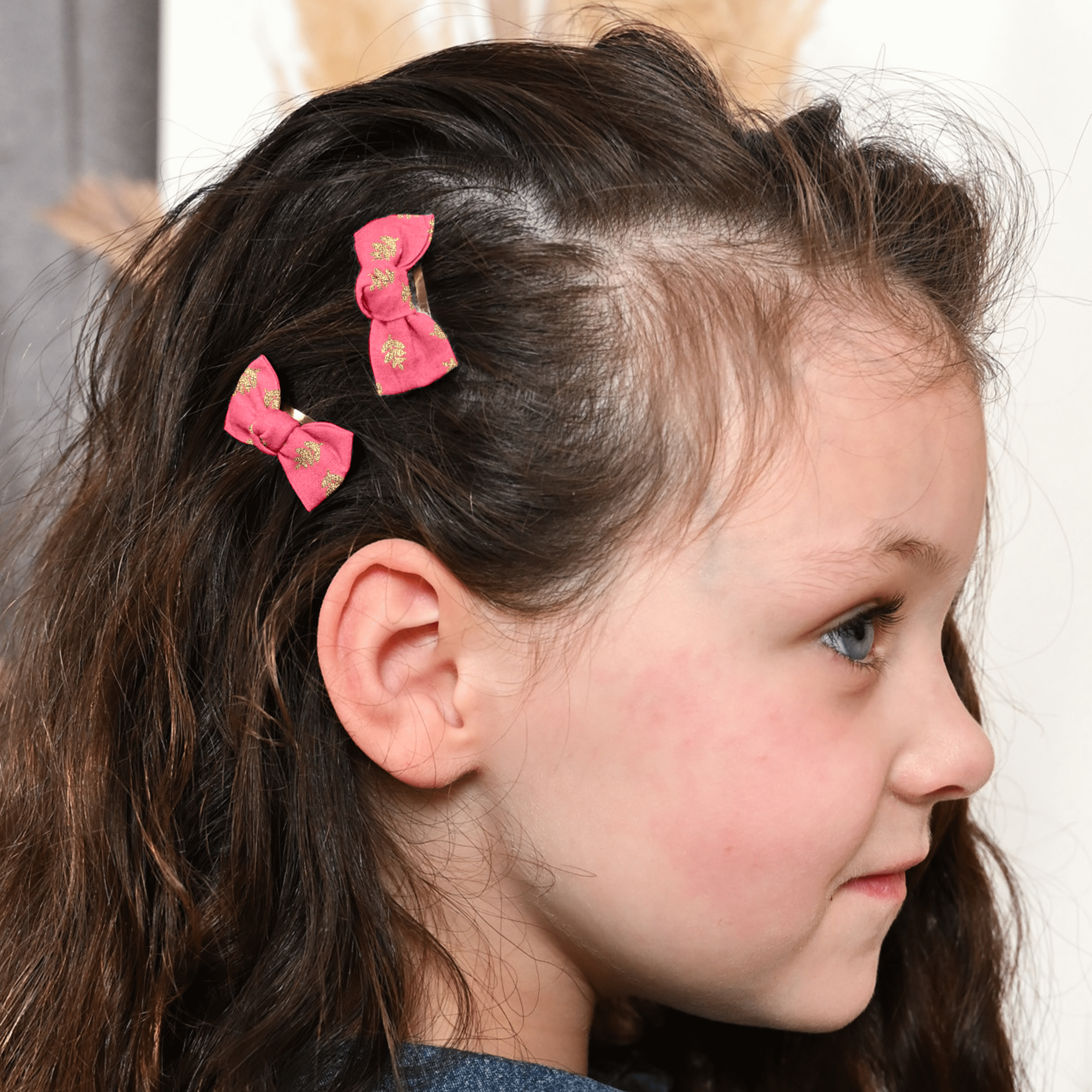 Barrettes Clic-Clac Petits Noeuds Feuillage Or Rose