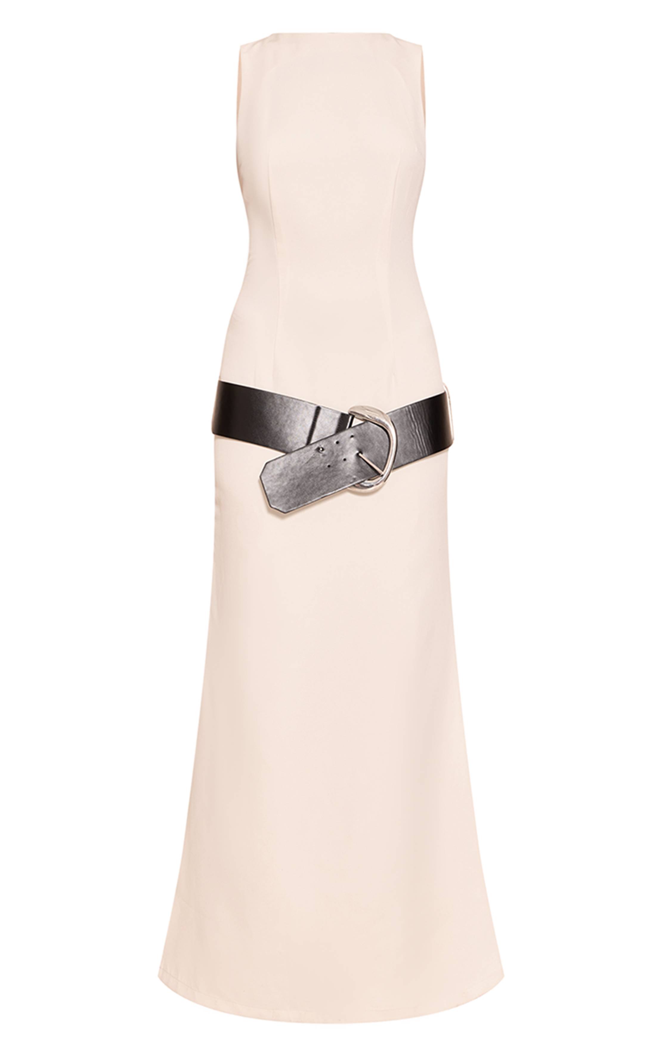 Crème Robe Longue Ajustée En Tissu Tissé Avec Ceinture Détail Tailleur