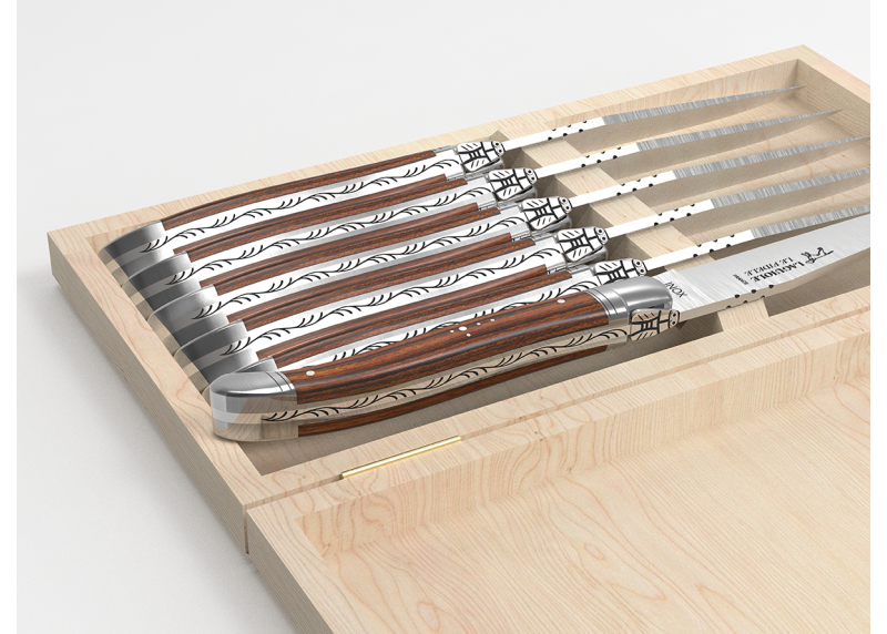 Service de 6 couteaux Laguiole avec un manche en bois de bocote et mitres en acier inoxydable