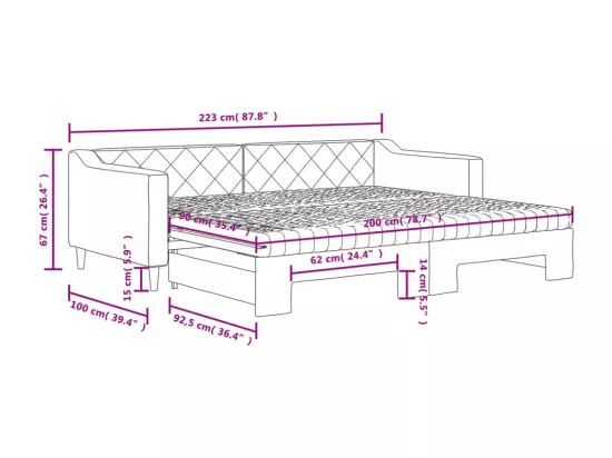 Lit de jour avec gigogne et matelas taupe 90x200 cm tissu