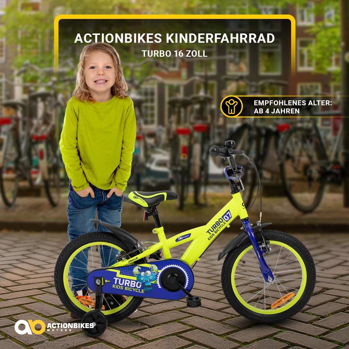 Actionbikes Kinderfahrrad Turbo 16 Zoll, Stützräder, V-Brake-Bremsen, Lenker-/Kettenschutz, Klingel