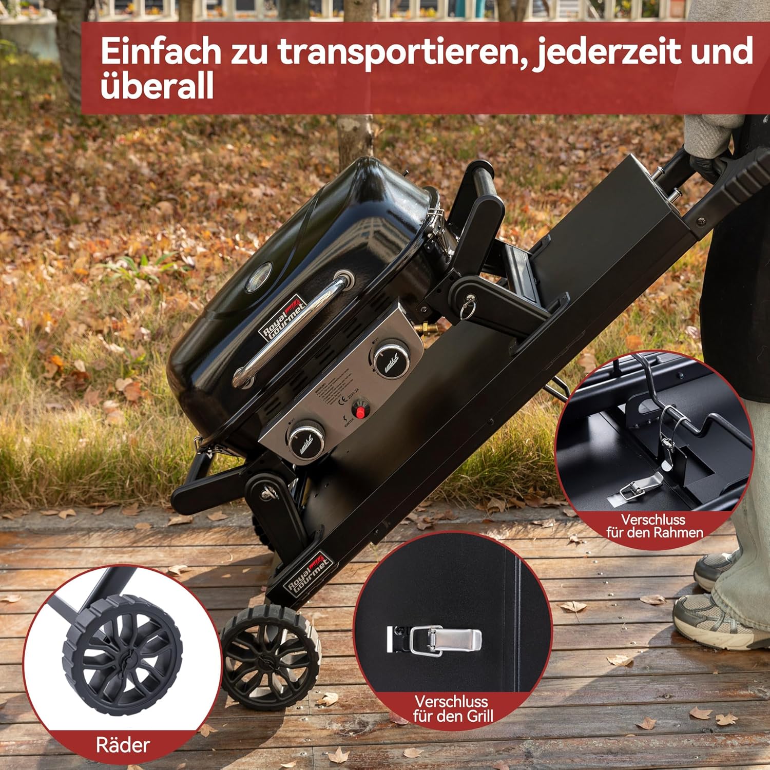 Royal Gourmet Tragbarer 2-Brenner Gasgrill inkl. Grilltisch, 5kW Tischgrill mit separatem Rollwagen, Portabler Tischgasgrill mit Klapptisch für Balkon,Terrasse, Camping Schwarz