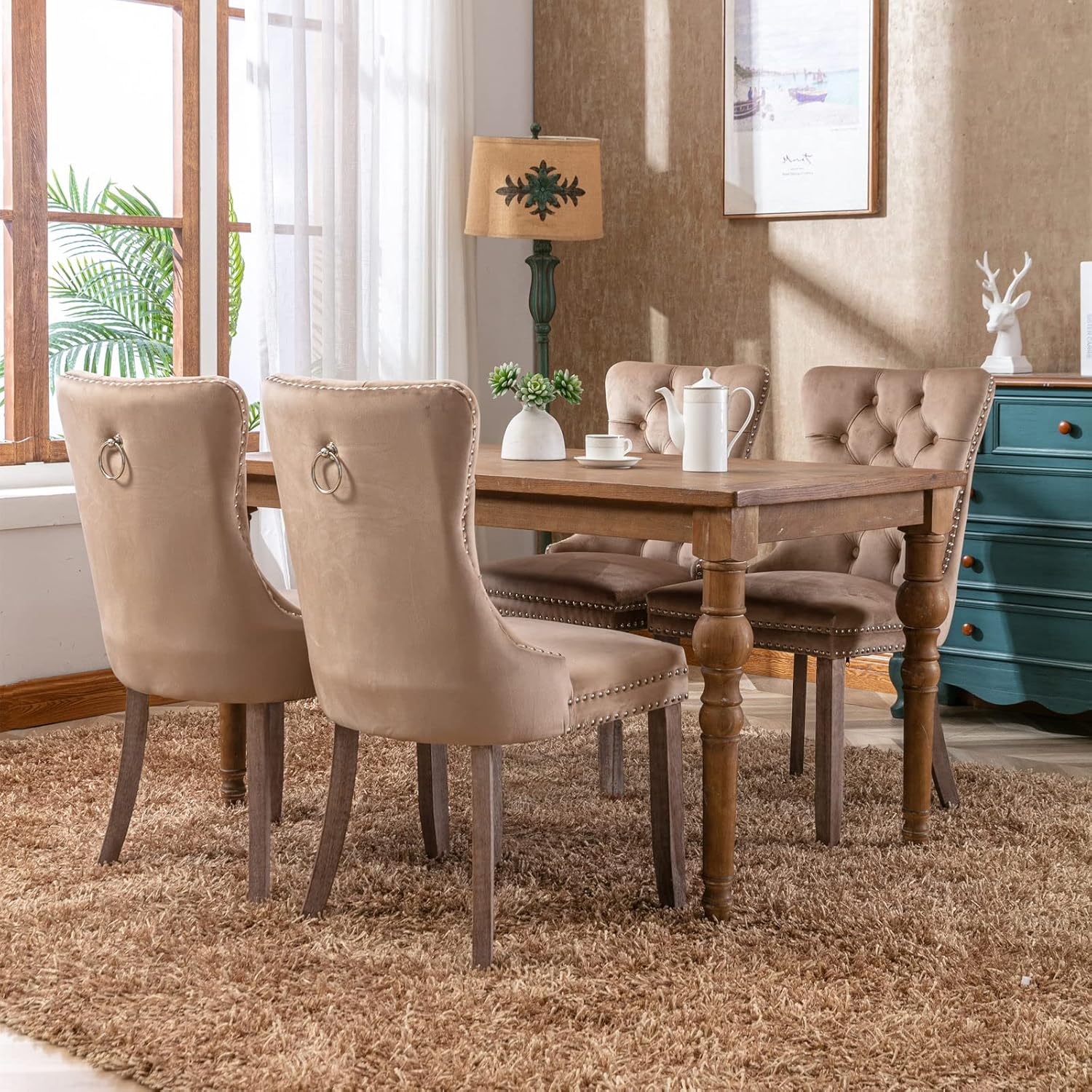 Esszimmerstühle 4er Set, Küchenstühle 4er Set, Tufted Hoher Rücken Stühle, Samt Weich Gepolstert Essstuhl mit Holzbeinen, Nieten Dekoration, Belastbarkeit 130kg, Khaki QF6674682