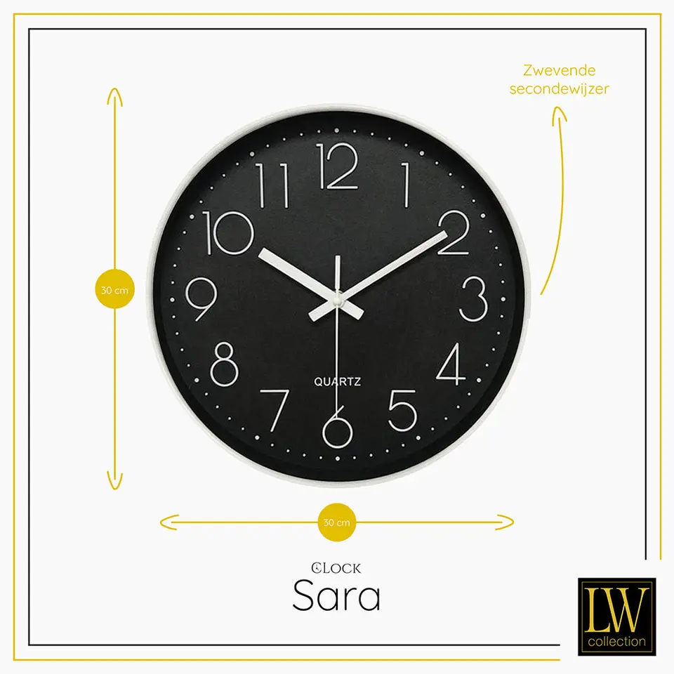 LW Collection Keukenklok Sara zwart wit 30cm