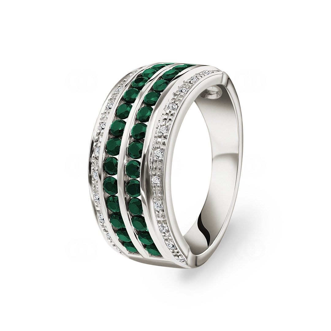 Damenring 750/18 K Weissgold mit Diamanten 0.08 ct H/Si und Smaragden