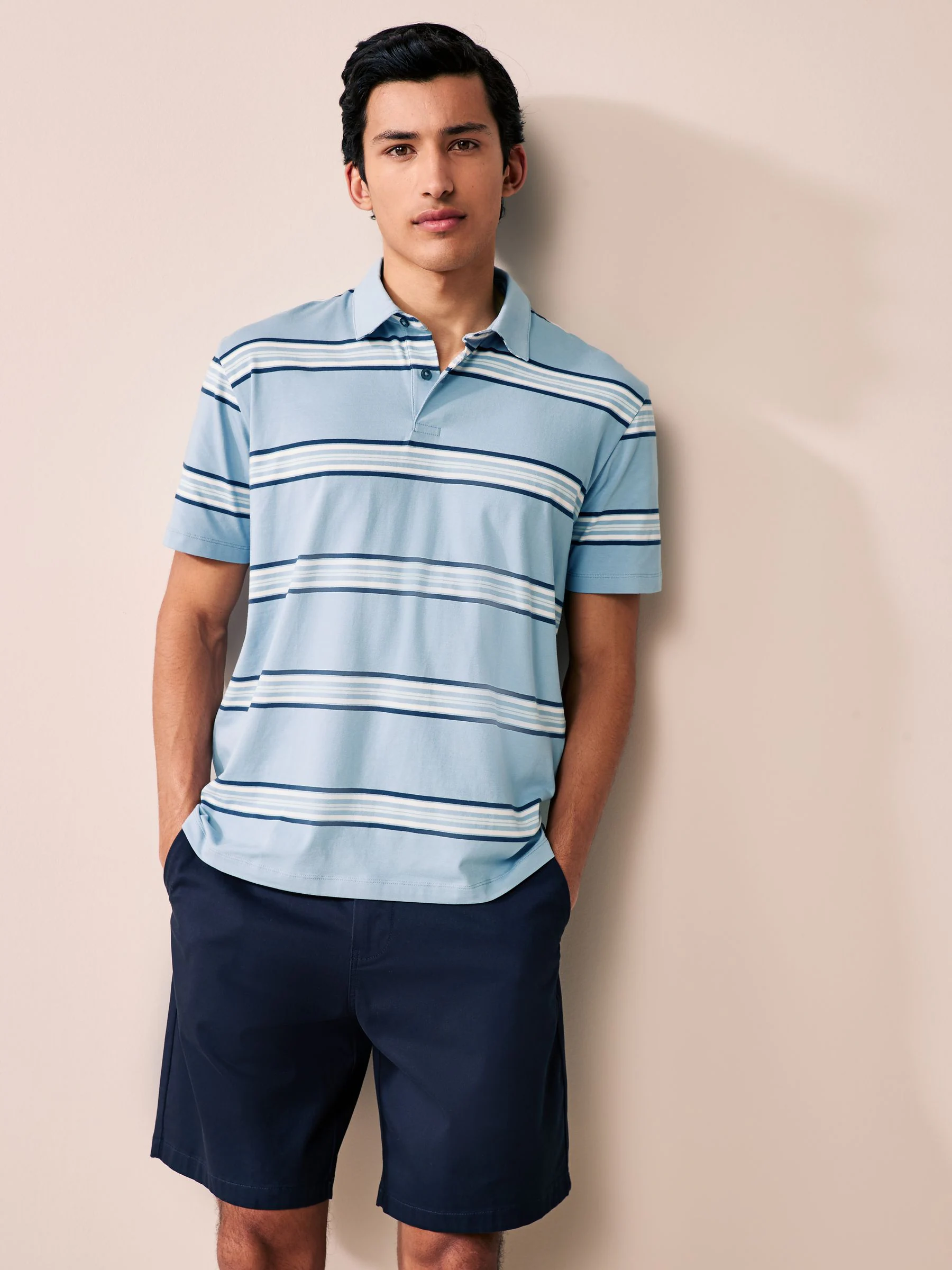 Blauw/Ecru/Rood Strepen - Set van 3 jersey poloshirts met korte mouwen