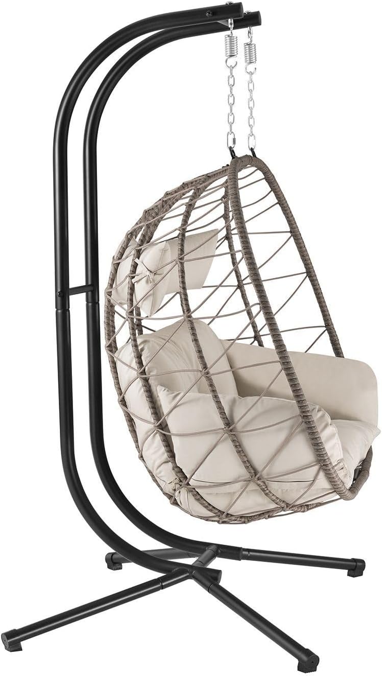 Juskys® Doppelhängesessel Aria - Polyrattan Hängesessel mit Gestell & Kissen - Schaukel für Zwei Personen - Outdoor Indoor Sessel - XXL Korb Beige