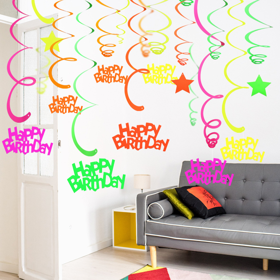 (10er Set) Happy Birthday Neon UV Spiral Girlande Party Deko Glow in the Dark Wirbel Accessoire - Bunt