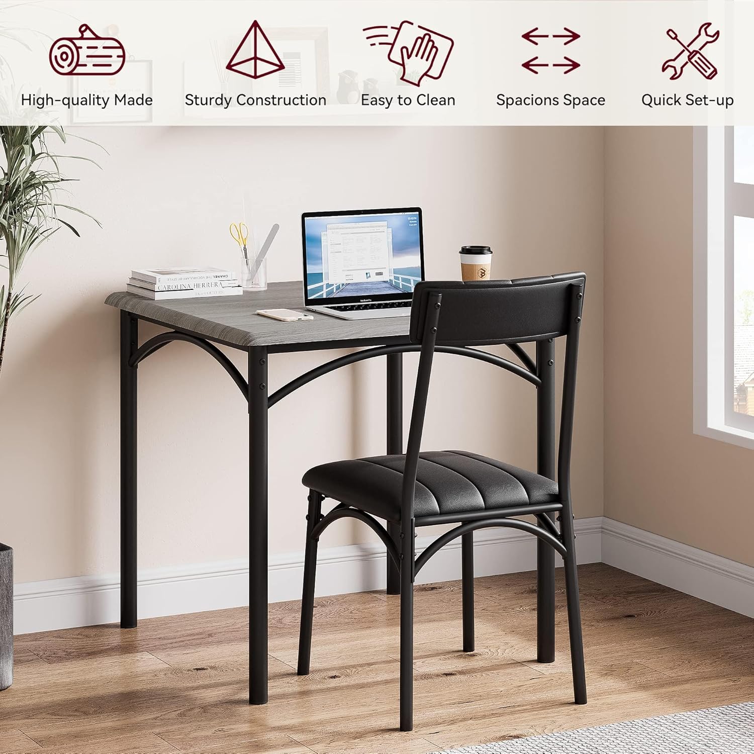 3-teiliges Küchentisch-Set, Tisch und Stühle für 2, quadratischer Esstisch aus Metall und Holz mit 2 gepolsterten Stühlen, Esstisch für kleine Räume (Grau 2)