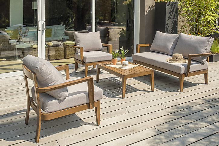 Salon bas de jardin Portofino DCB Garden aluminium effet bois marron 4 personnes