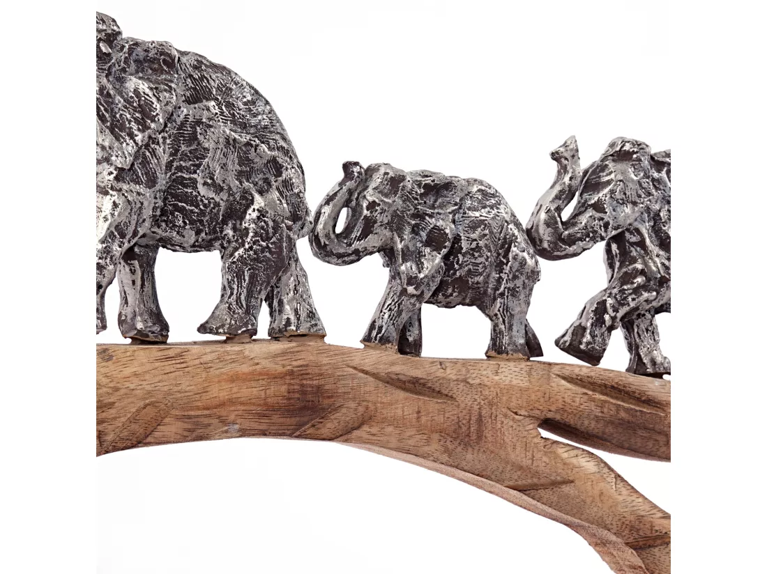SCULPTURE Grands éléphants Bois de mangue, aluminium argent-nature