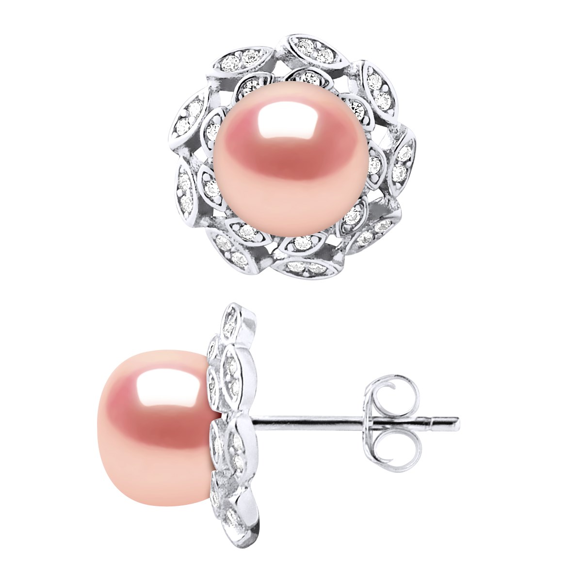 Clous d'Oreilles FLEUR Perles d'Eau Douce Boutons 8-9 mm Roses Joaillerie Argent 925