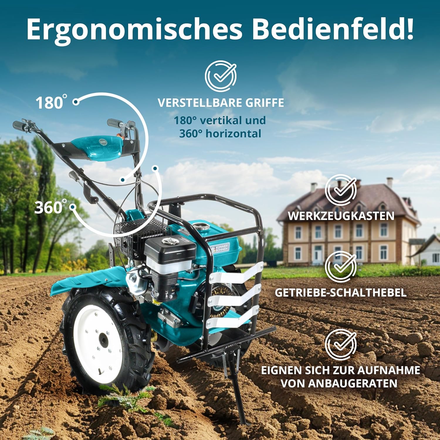 Könner & Söhnen KS 9HP-1350G-3 Benzin Bodenhacke mit Direktantrieb,gartenfräse, geschmiedete Säbelfräsen,3 Vorwärtsgänge, Rückwärtsgang, ≤134 cm Arbeitsbreite, ≤ 35 Arbeitstiefe,9.0 PS Kultivator