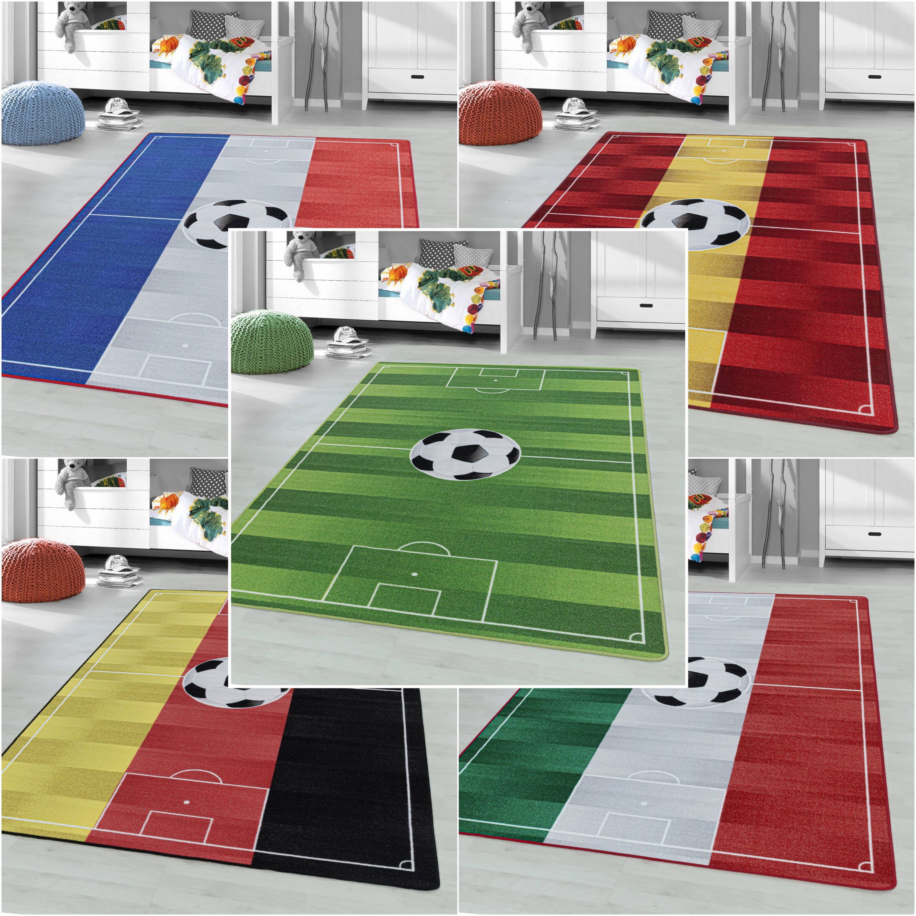 Kinderteppich Fußball, Fußballfeld mit Flaggen Motiv, Höhe 9 mm Ökotex Standard