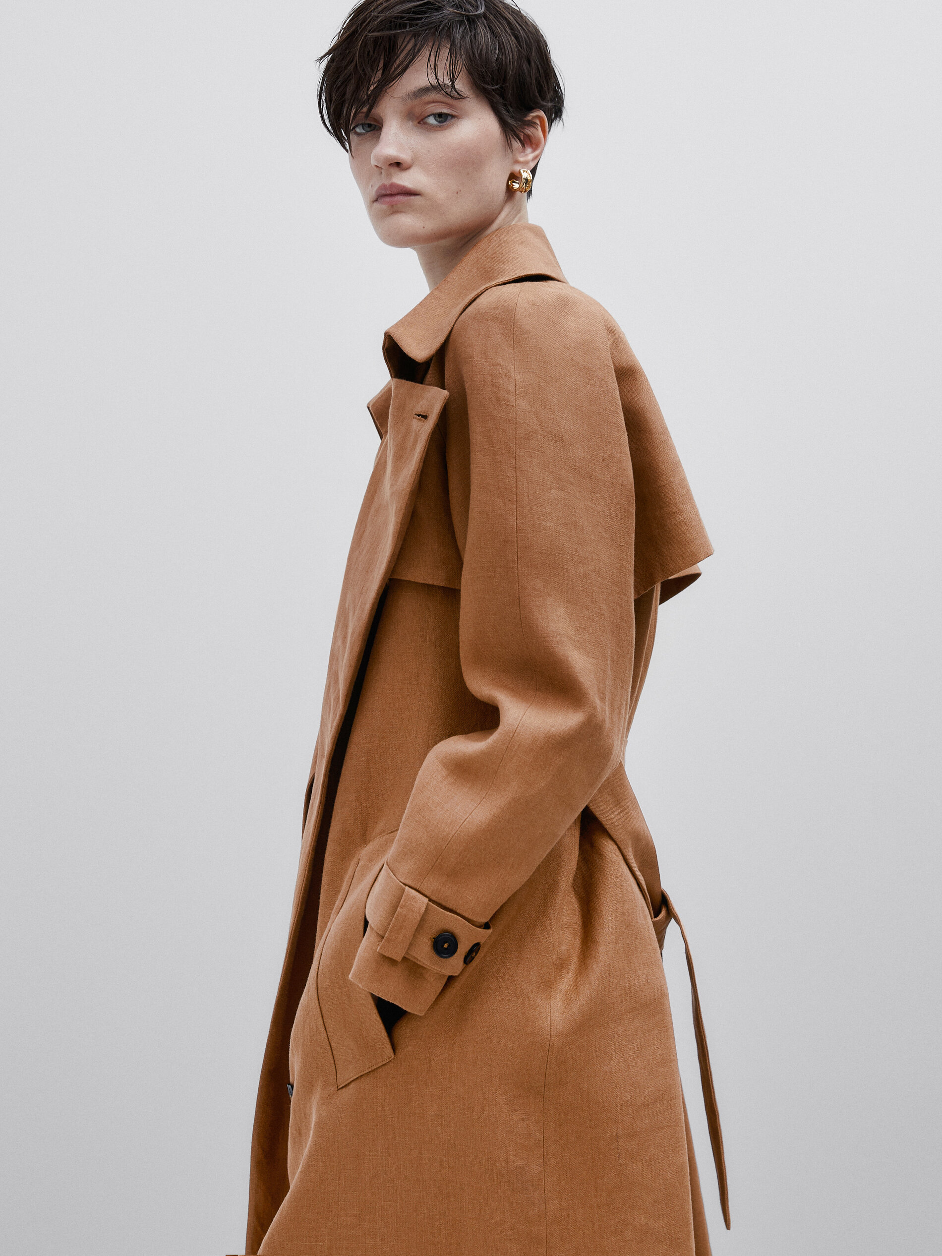 Gabardine de linho com cinto - Studio - CAMEL