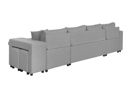 Canapé d'angle panoramique Oslo convertible avec coffres et poufs à droite - Tissu - Gris clair - L311 x P146 x H81cm - Loungitude