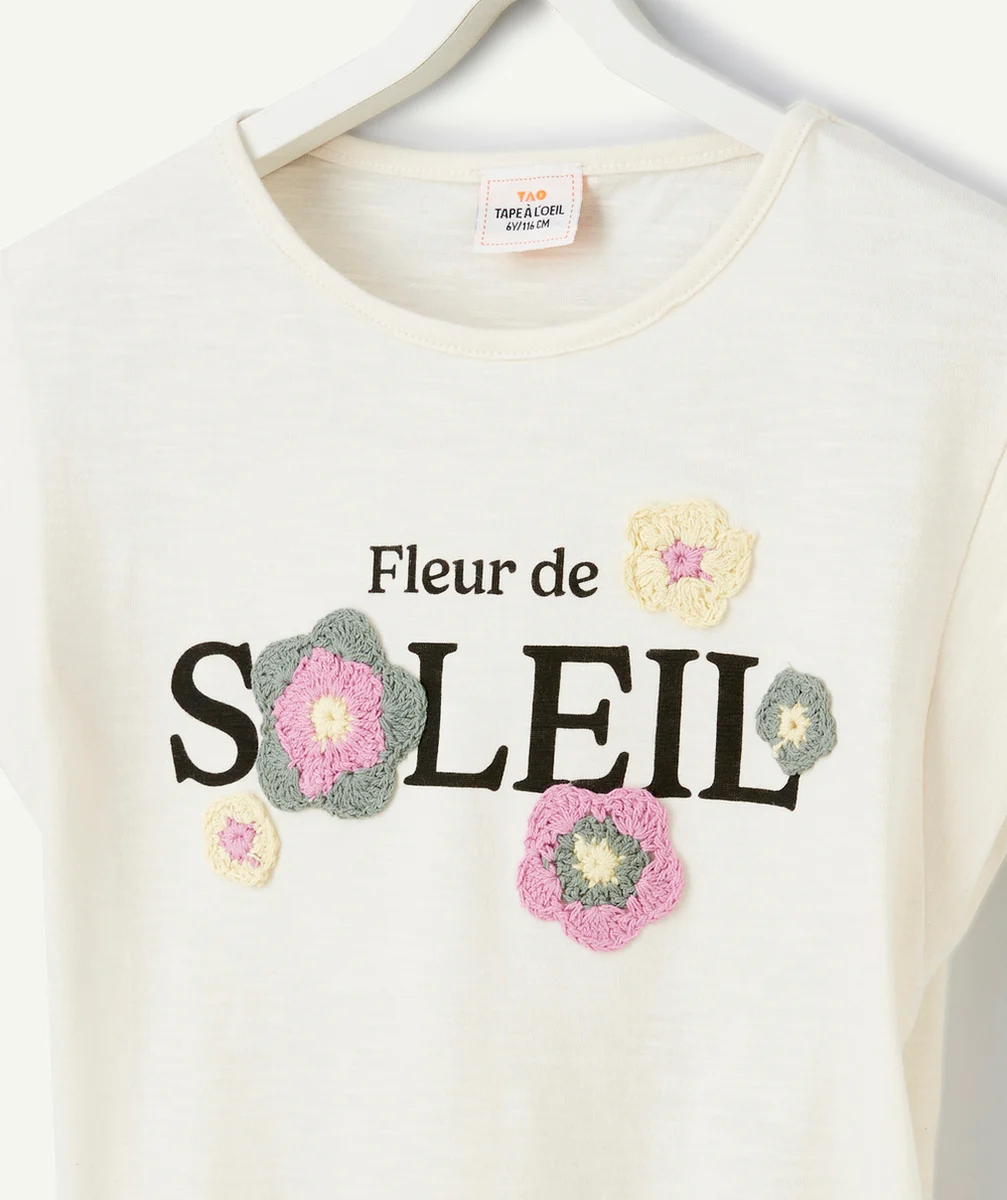 t-shirt manches courtes fille en coton bio blanc avec crochet