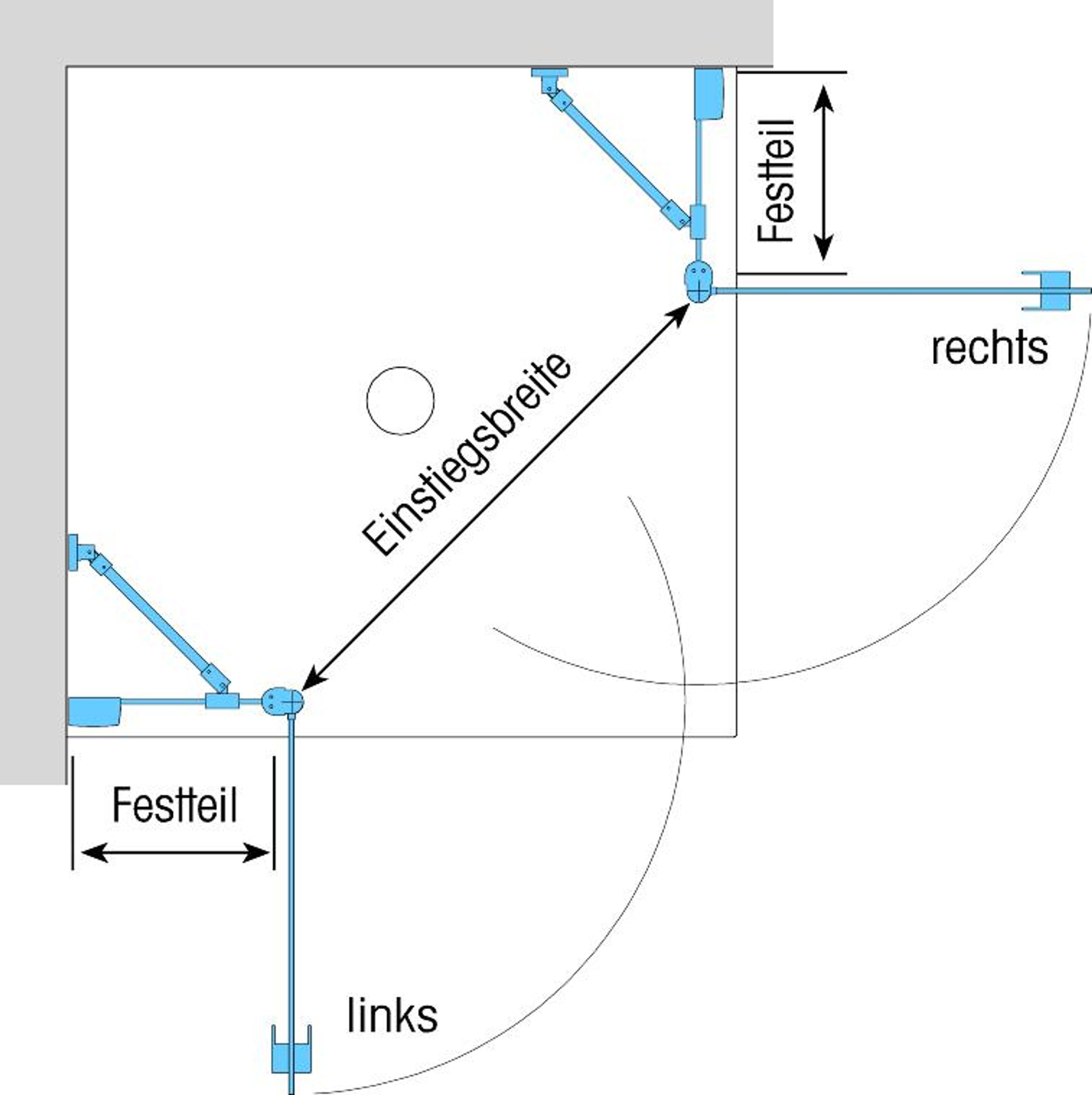 Duschkabine/ Duschabtrennung Dusbad Vital 2 zweiteilige Pendeltür an Festteil / Eckduschelinks 750mm rechts 775mm