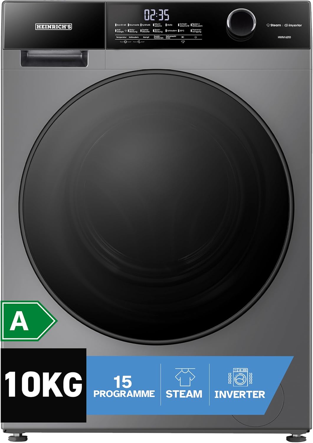 Heinrich´s Waschmaschine, Steam-Funktion, 10kg Mega Kapazität, 15 Programme, 1400 U/min., Aqua-Stop, LED-Display, Endzeitvorwahl, mit Kindersicherung, langlebiger und leiser Inverter Motor,Titan-Grau