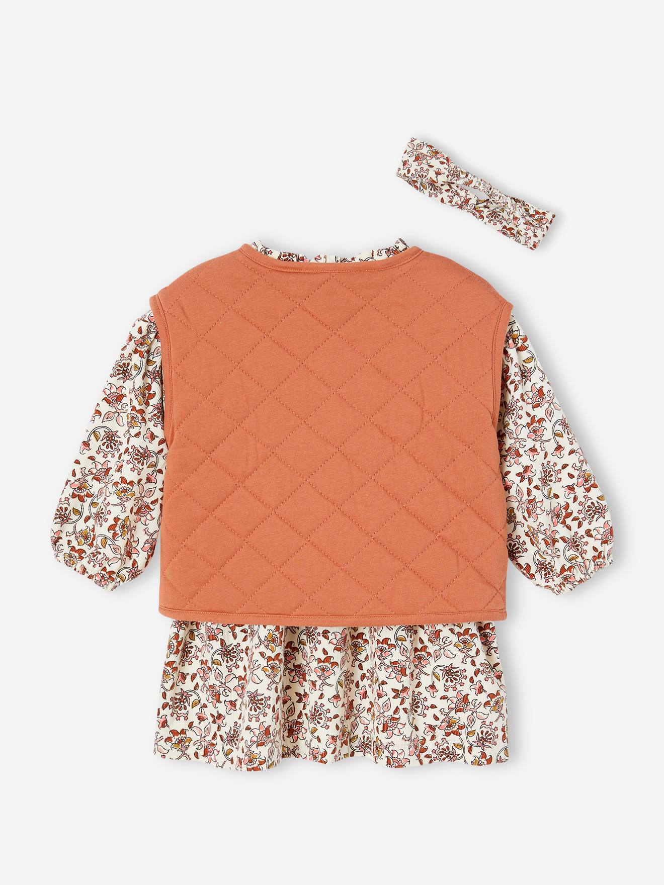 Conjunto de roupa de bebê de 3 peças: colete acolchoado, vestido e faixa de cabelo de veludo ferrugem