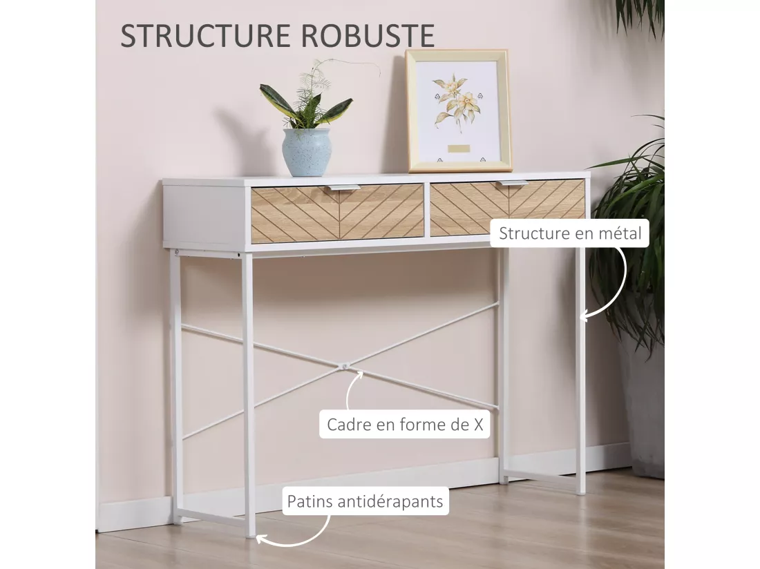 Table console industriel 2 tiroirs aspect bois de chêne sculpté motif à chevrons piètement métal blanc