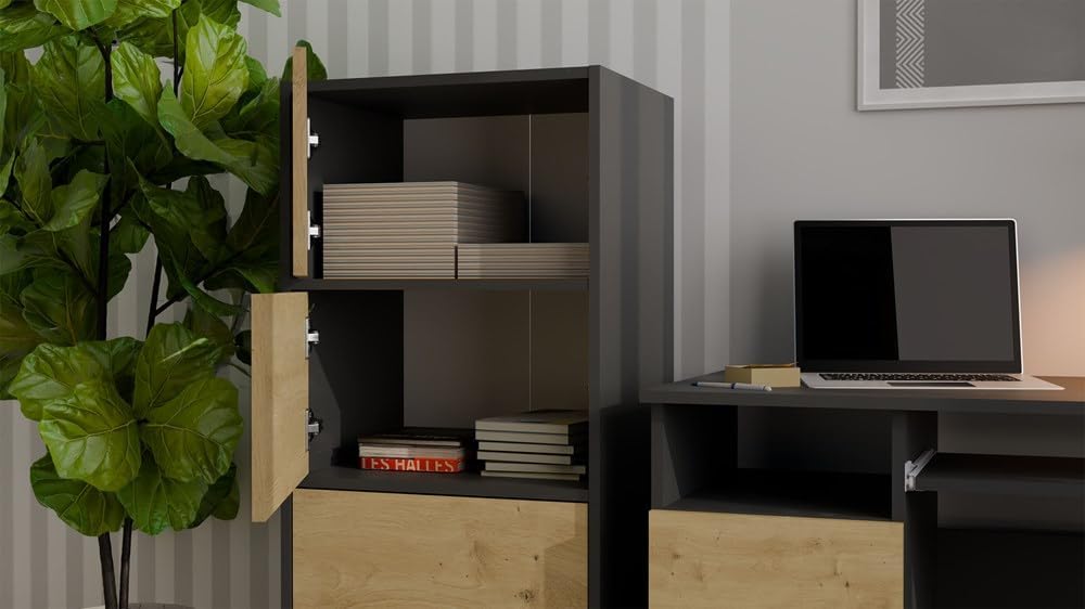 CDF Kommode Schrank Hochschrank mit 4 Türen und Einlegeböden - für Wohnzimmer Schlafzimmer Flur Büro – Grifflose Fronten – Modernes Design und langlebige Ausführung – Anthrazit Eiche Artisan Alma