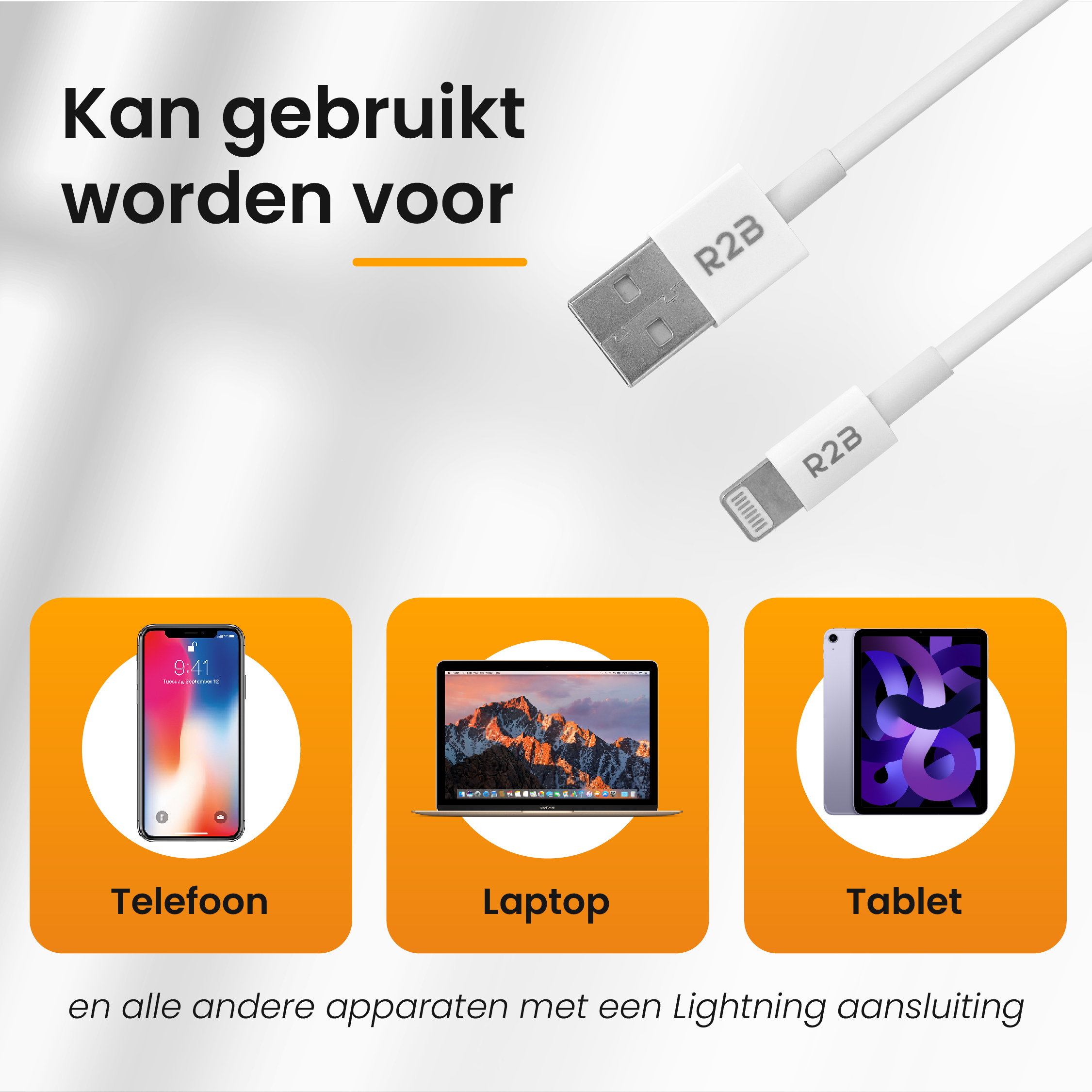 R2B 1 Meter Witte USB-A naar Lightning Kabel