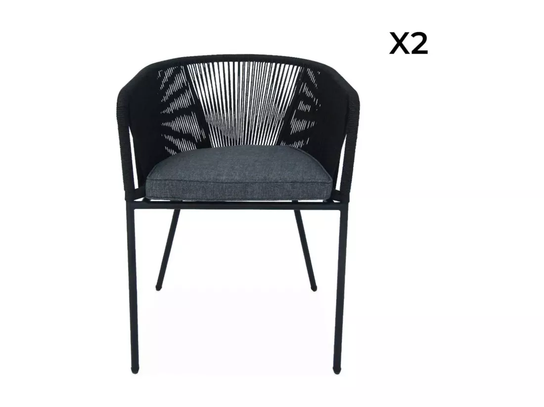 Lot de 2 fauteuils de jardin en corde noire et acier galvanisé. coussin gris