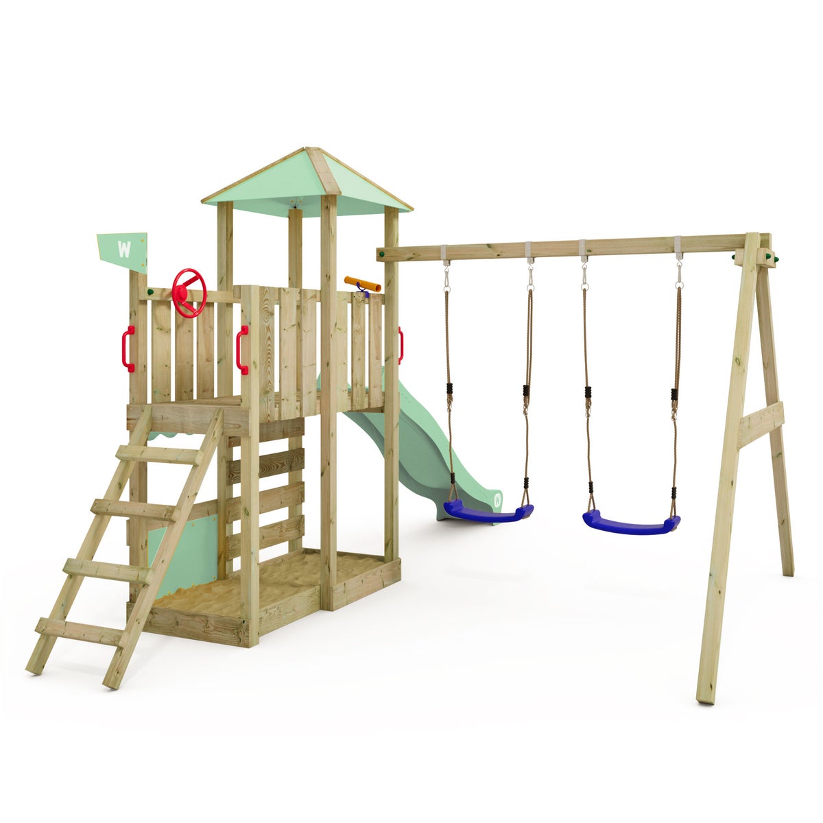 WICKEY Smart Savana speeltoren klimtoestel met schommel en glijbaan, speelhuis met klimladder en speelaccessoires – pastelgroen