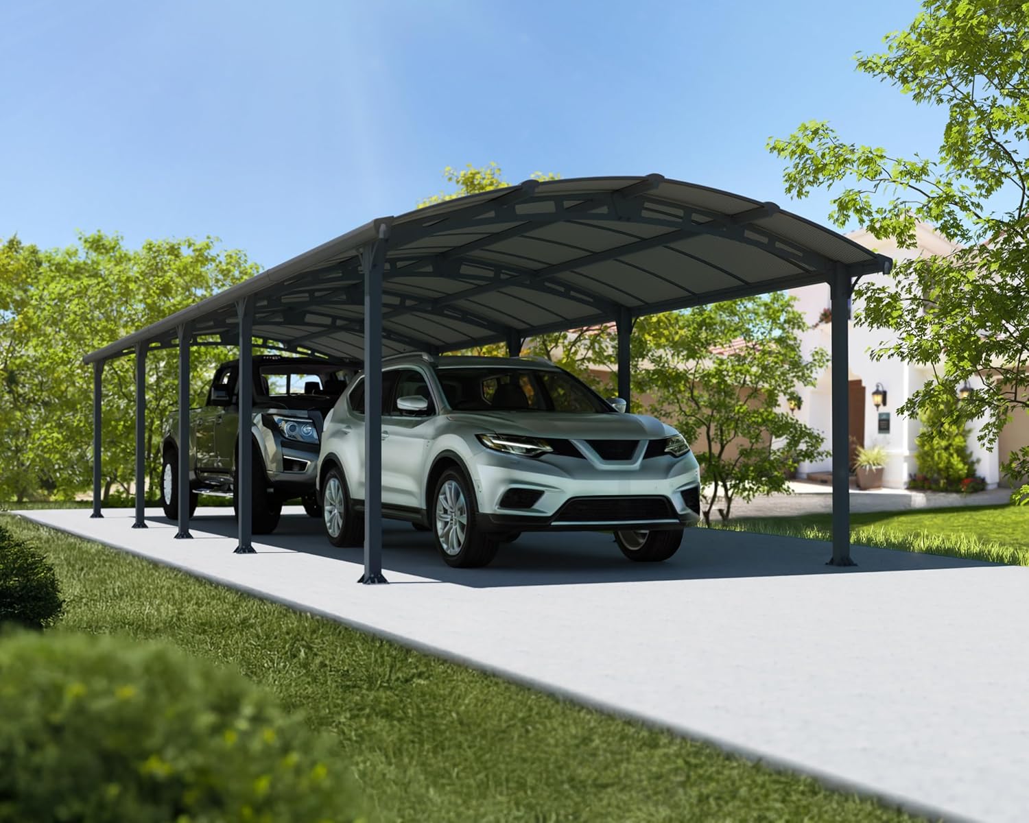 Palram Arcadia 10600 Carport Aluminium & Verzinkter Stahl 10,5x3,5m, Überdachung, Autogarage, Autounterstand, Einfache Montage, Carport Bausatz, 10 Jahre Garantie, Anthrazit Inkl. Regenrinne