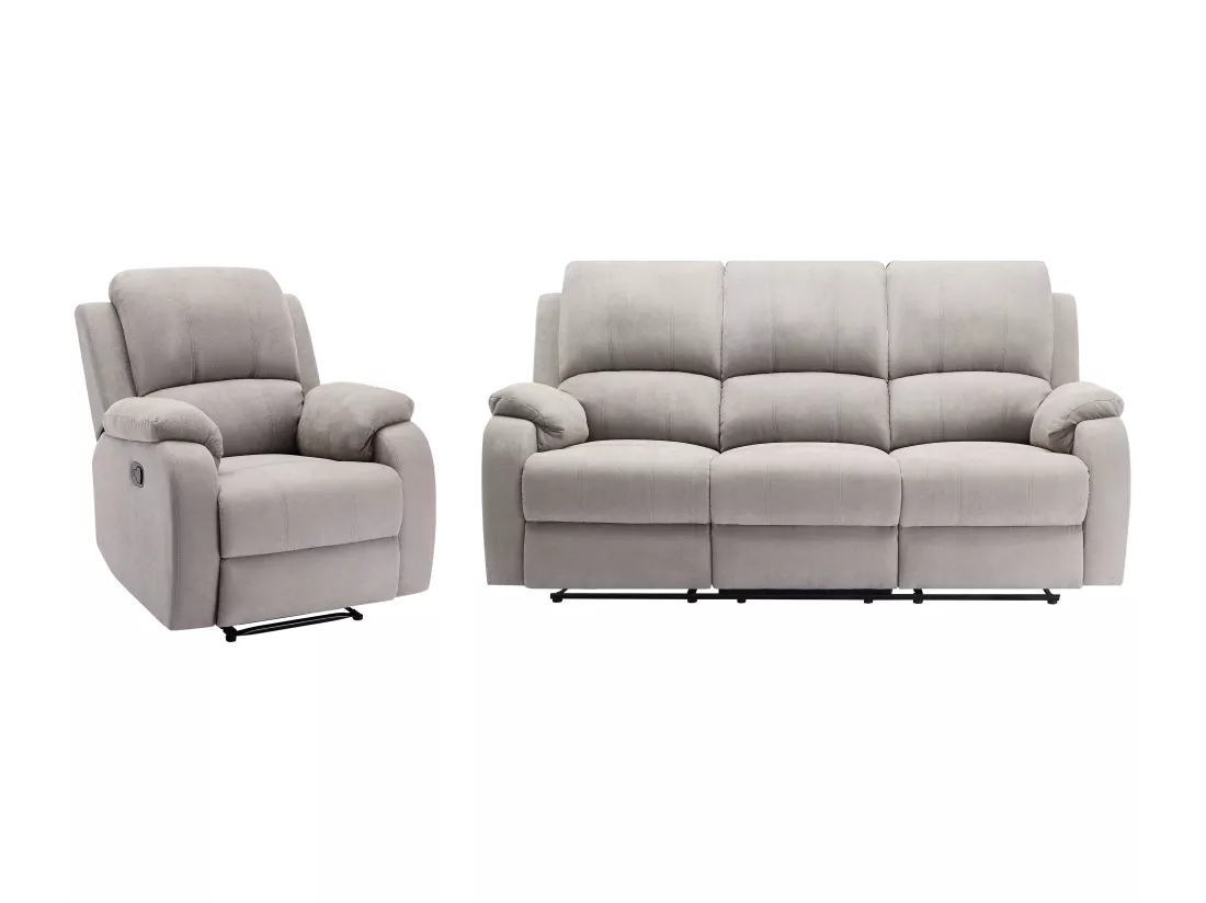Canapé 3 places et fauteuil relax en microfibre gris clair BRODY