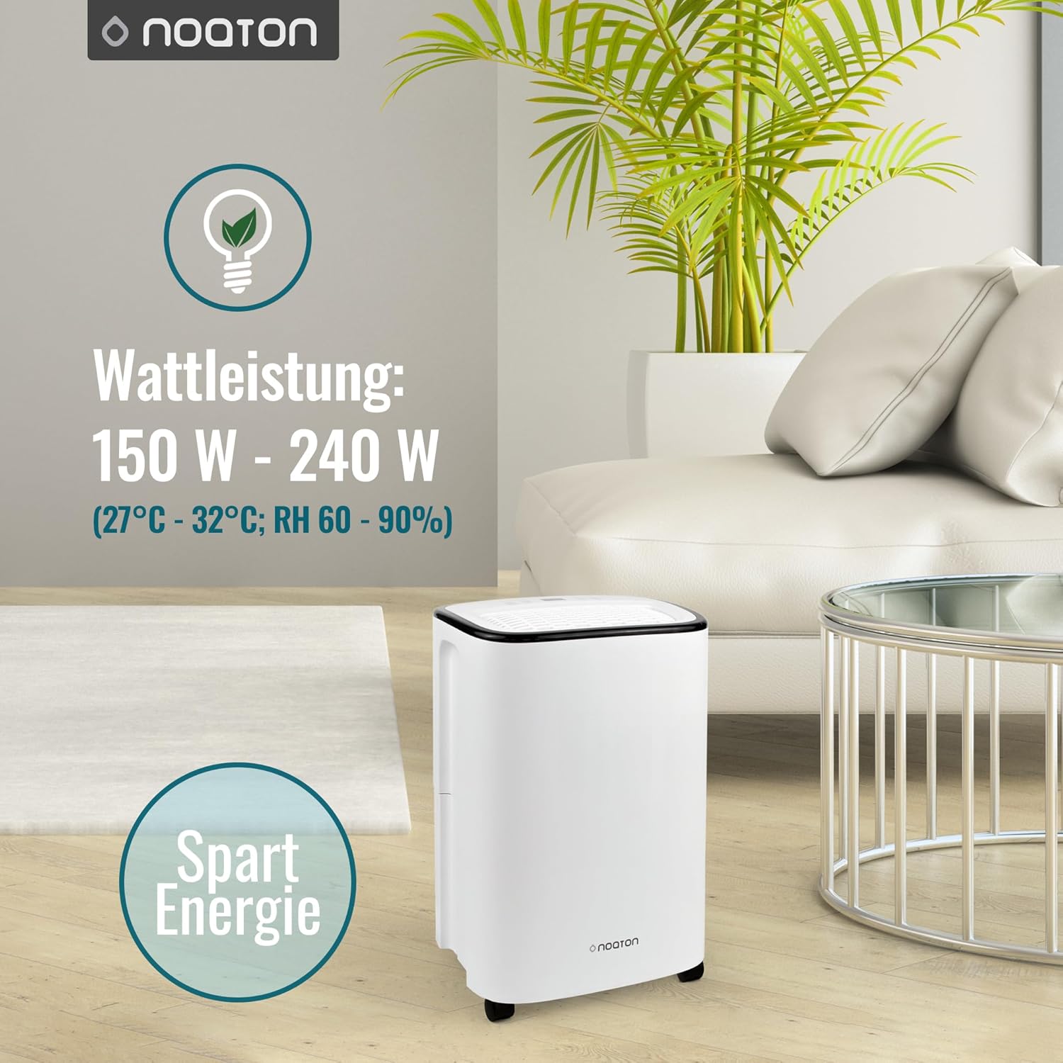 Déshumidificateur Noaton DF 4112, max 13L/24h, taille de la pièce env. 65 m³ (~25 m²), 190 W, réservoir d'eau de 2,5l, tuyau d'évacuation, minuterie, avec capteur d'humidité - Contre la moisissure