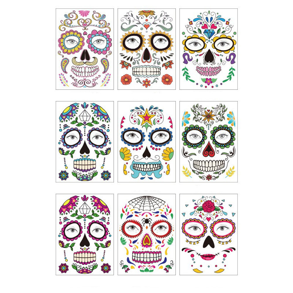 (9-tlg. Set) Halloween Totenkopf Gesichts Tattoo Tag der Toten - La Calavera Catrina