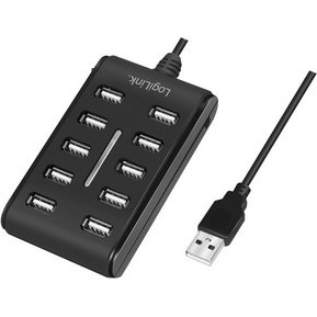 Hub USB 2.0, 10 ports, avec interrupteur, noir
