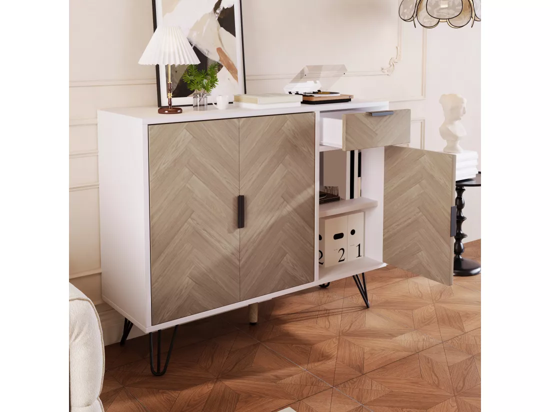 Armoire de rangement moderne, meuble en blanc et imitation bois avec tiroir et étagères réglables en hauteur (90 x 30 x 71,5 cm)