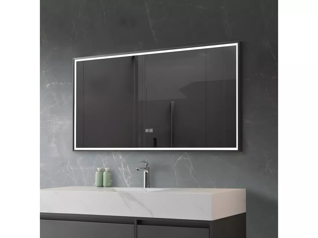 LuxuryBain- Miroir de salle de bain LED 110x60cm anti buée avec cadre en aluminium noir- LB-126080