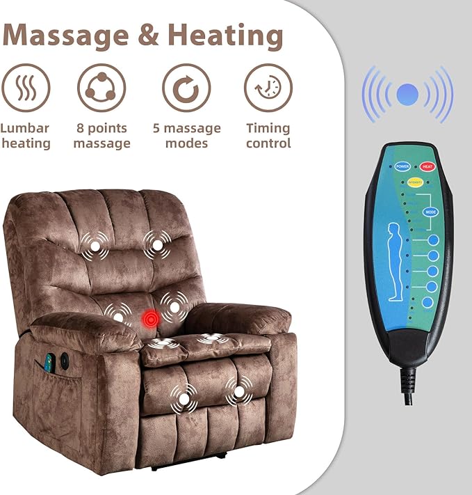 Phoenix Home Large Power Lift Chair with Massage and Heat for Elderly Recliner, Brown2