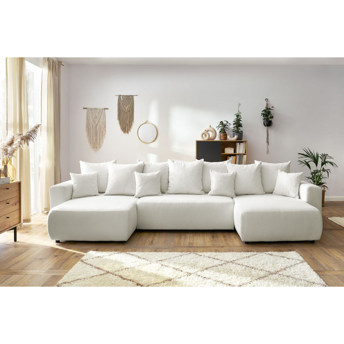 Bobochic Canapé panoramique convertible coffre bouclette envy blanc - 386x153x95 cm