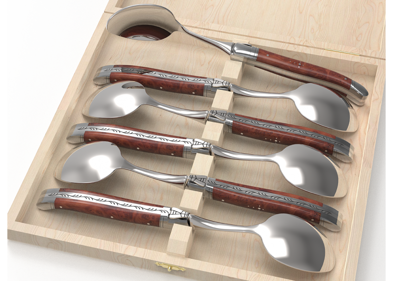 Service de 6 petites cuillères Laguiole avec un manche en racine de bruyère et mitres en acier inoxydable