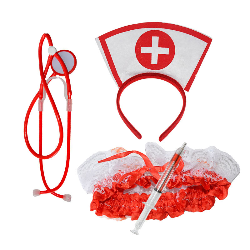 (4-tlg. Set) Fasnachts Erwachsenen Kostüm Krankenschwester Verkleidung für Motto Partys / Halloween inkl. Haarreif / Strumpfband / Stethoskop