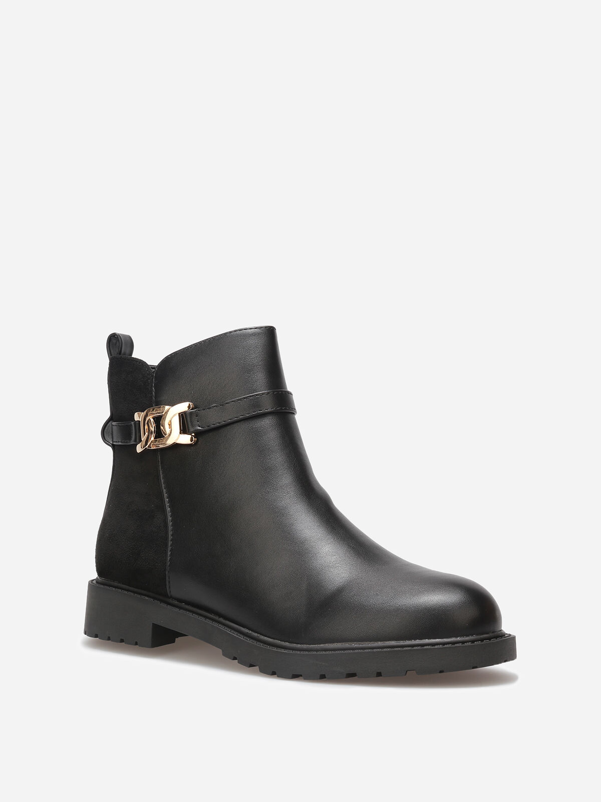 Bottines plates bi-matière à boucle dorée- Noir