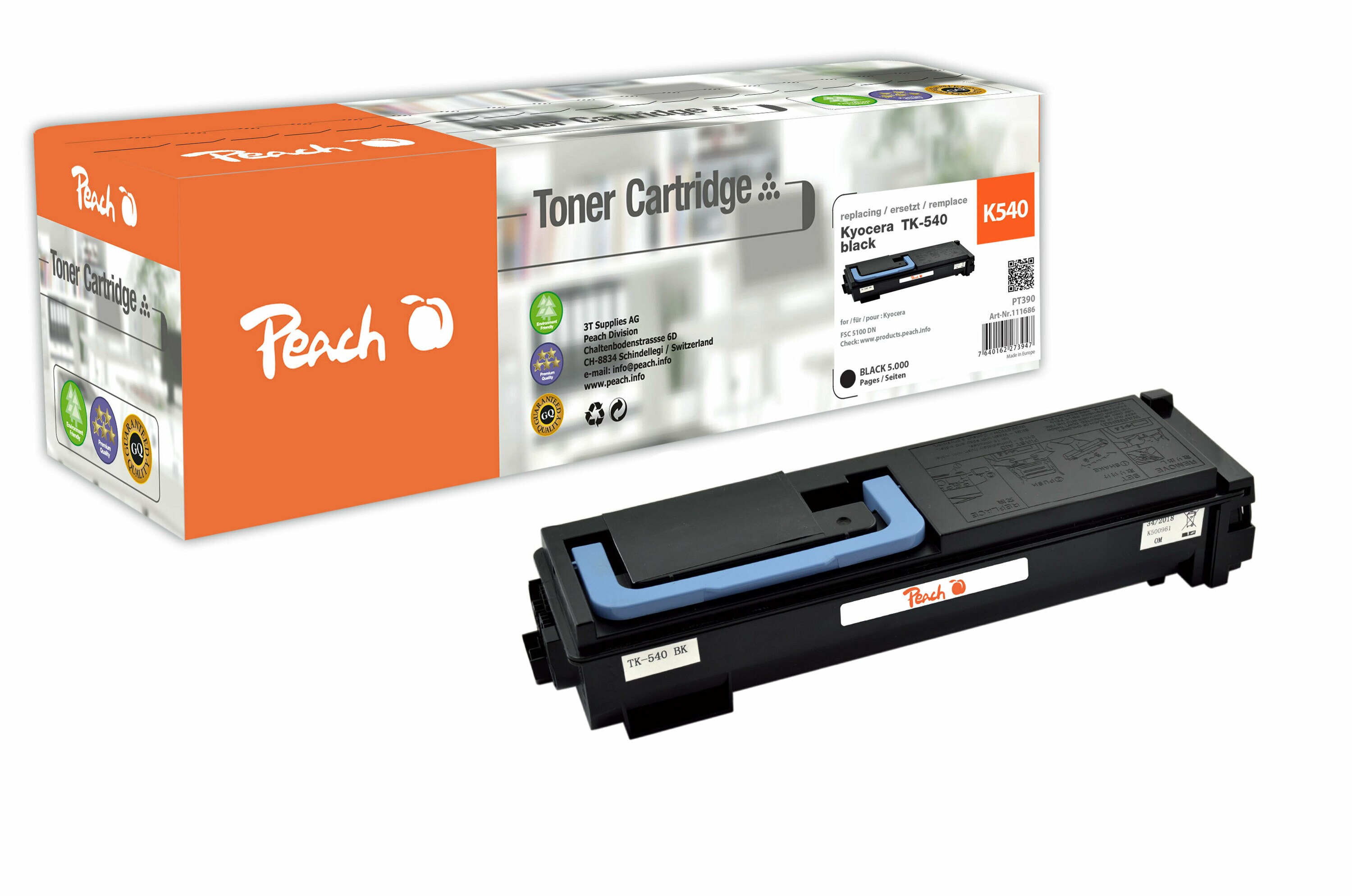 Peach K540 K Toner bk ersetzt Kyocera TK-540K für z.B. Kyocera FSC 5100 DN (wiederaufbereitet)