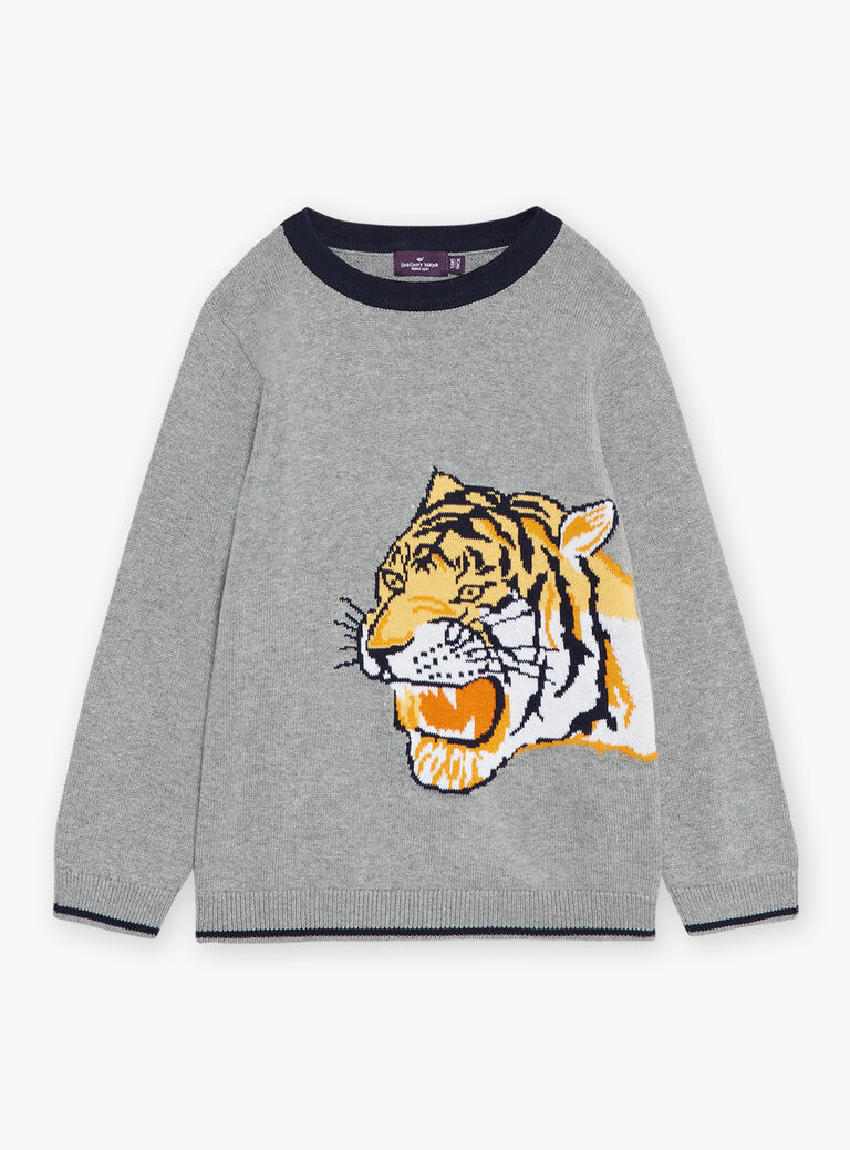 Pull gris chiné à motif tête de tigre