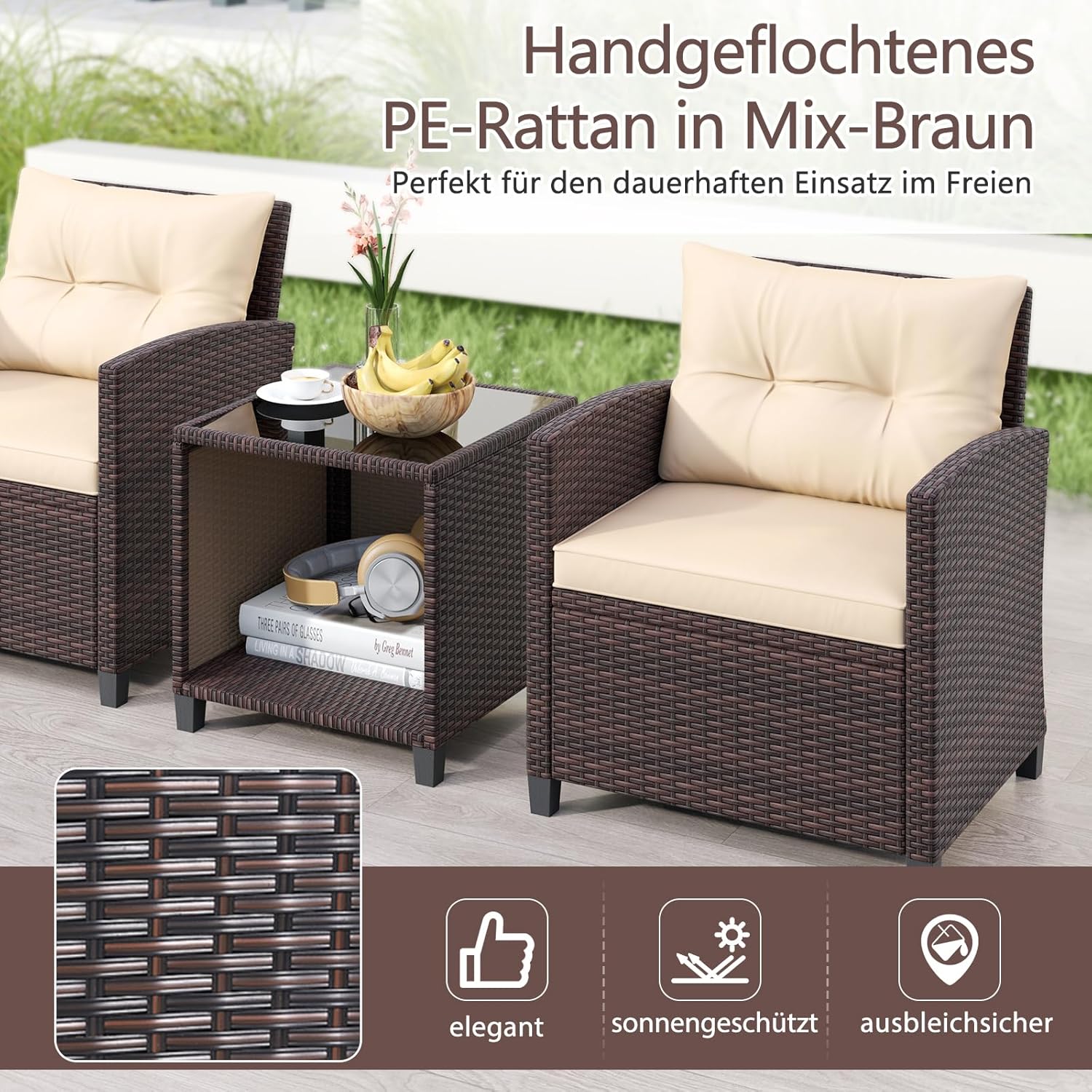 COSTWAY Gartenmöbel Set, Rattan Balkonmöbel inkl. 2 Stühle mit Sitzkissen & Tisch, Gartenlounge Outdoor, Sitzgruppe Set, 3-TLG. Terrassenmöbel Wetterfest für Balkon, Terrasse, Garten, Braun