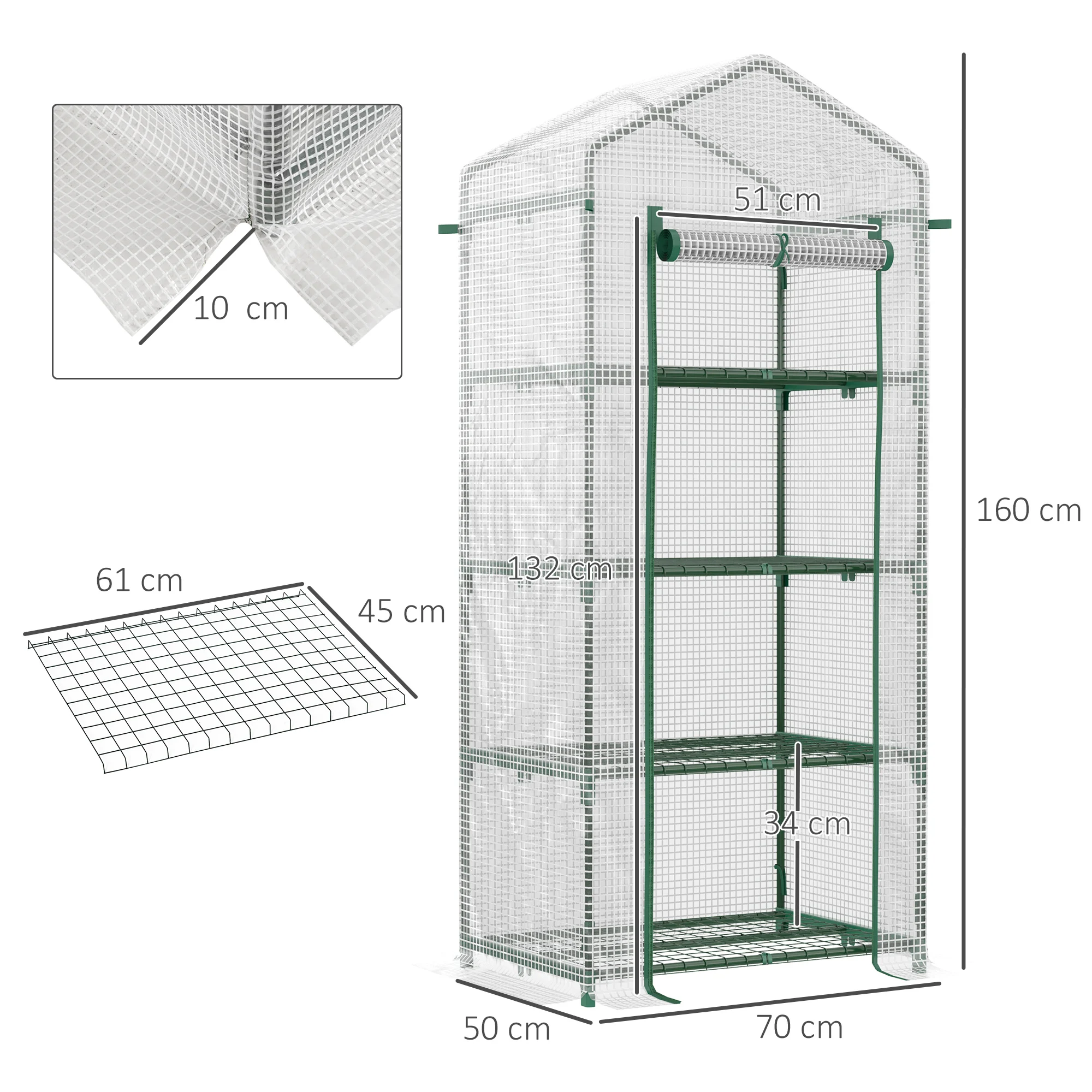 Estufa de jardim Outsunny com 4 prateleiras e cobertura em PE, tipo galpão com estrutura tubular de aço, ideal para cultivo de plantas, flores e vasos, 70x50x160 cm, branca.