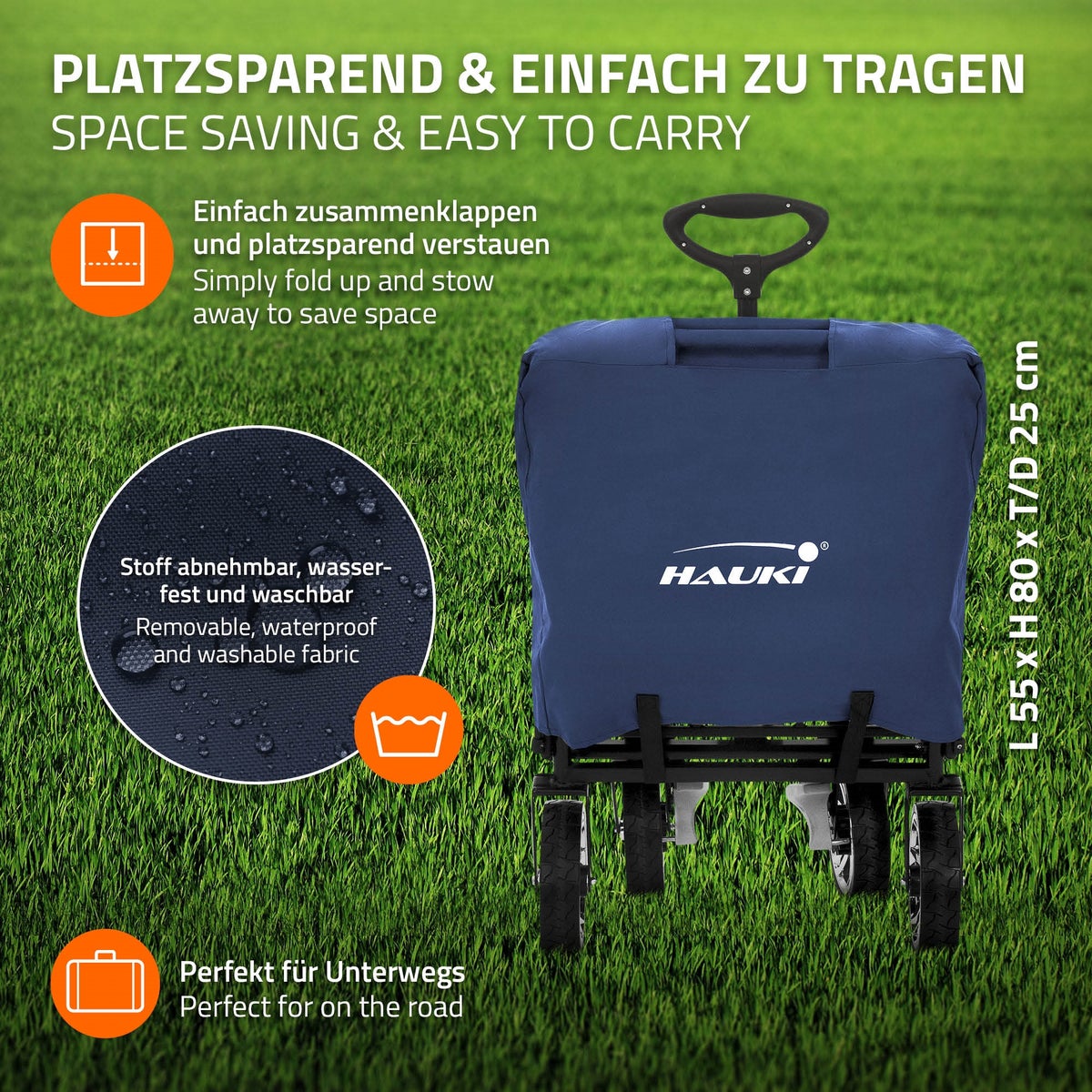 Hauki XXL opvouwbare bolderkar met luifel en tas, blauwgrijs, opvouwbare bolderkar voor duwen en trekken, transportkar voor kinderen, 360° draaibare voorwielen, PU-wielen met remmen, draagvermogen 120 kg