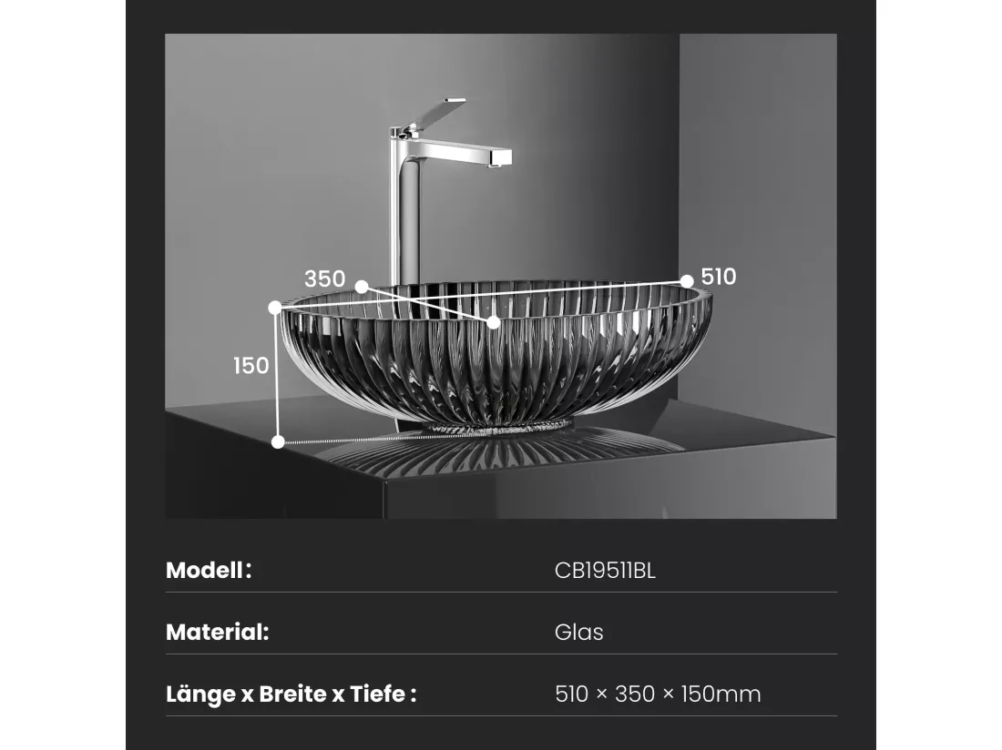 EMKE Vasque à Poser Ovale, 510 x 350 x 150 mm, Lavabo en Verre Noir, Design Montage sur Comptoir